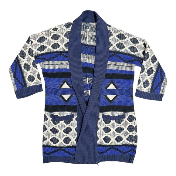 Lucky Brand Aztec Cardigan Sweater XS Blue Cream Open Front Knit Boho Geometric - Picture 1 of 8